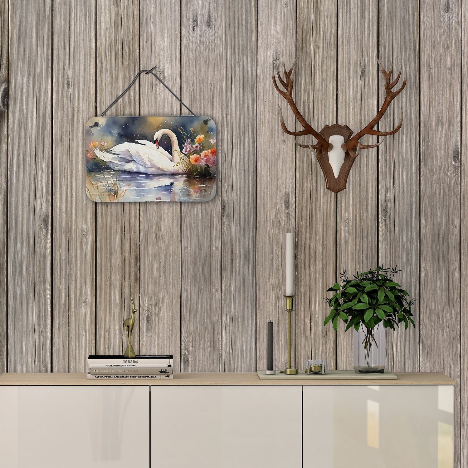 NEW Swan Wall or Door Hanging Prints Aluminum Metal Sign Kitchen Wall Bar Bathroom Plaque Home Decor, 8HX12W, Multicolor