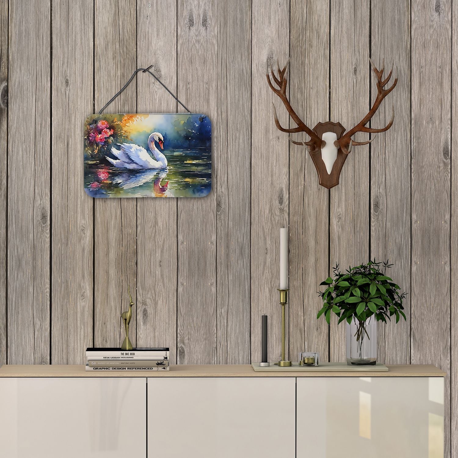 NEW Swan Wall or Door Hanging Prints Aluminum Metal Sign Kitchen Wall Bar Bathroom Plaque Home Decor, 8HX12W, Multicolor