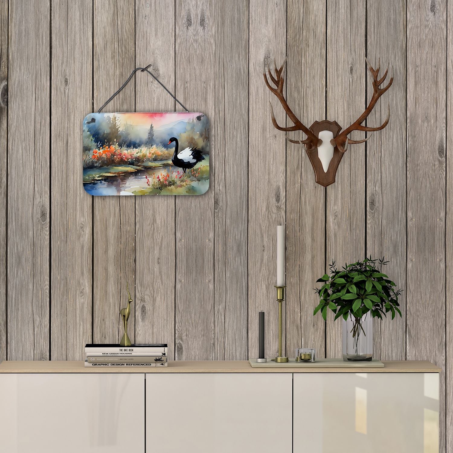 NEW Black Swan Wall or Door Hanging Prints Aluminum Metal Sign Kitchen Wall Bar Bathroom Plaque Home Decor, 8HX12W, Multicolor