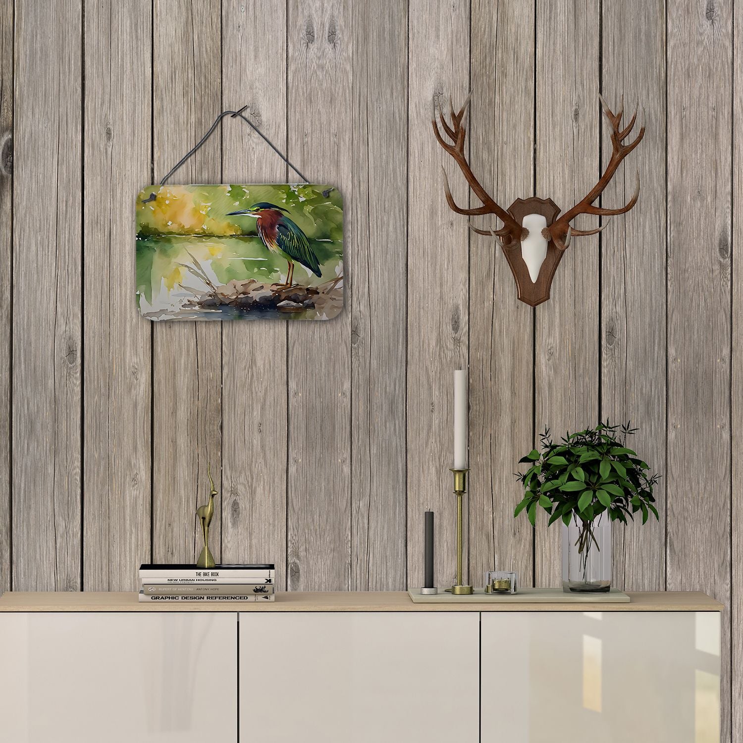 NEW Green Heron Wall or Door Hanging Prints Aluminum Metal Sign Kitchen Wall Bar Bathroom Plaque Home Decor, 8HX12W, Multicolor