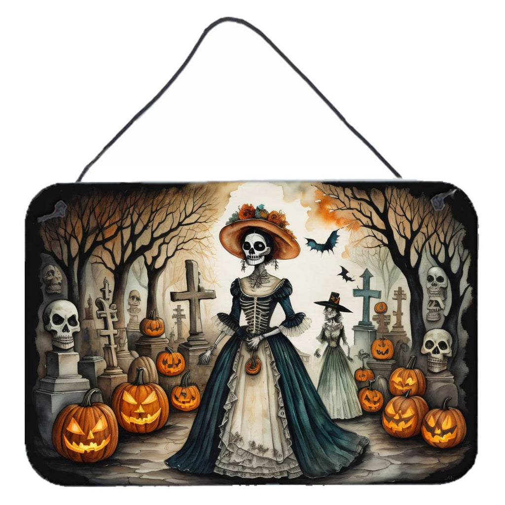 NEW La Catrina Skeleton Spooky Halloween Wall or Door Hanging Prints Aluminum Metal Sign Kitchen Wall Bar Bathroom Plaque Home Decor, 8HX12W, Multicolor