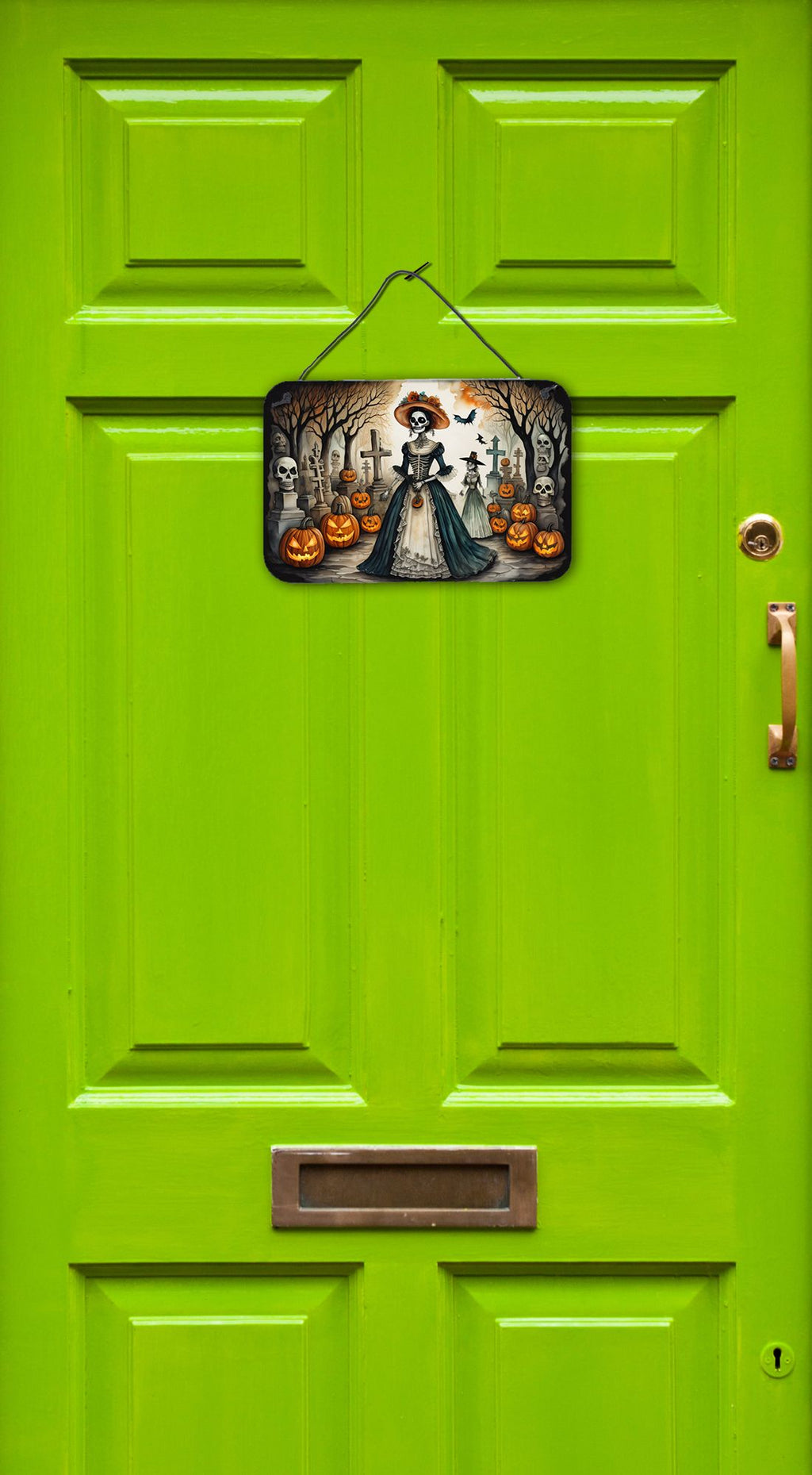 NEW La Catrina Skeleton Spooky Halloween Wall or Door Hanging Prints Aluminum Metal Sign Kitchen Wall Bar Bathroom Plaque Home Decor, 8HX12W, Multicolor