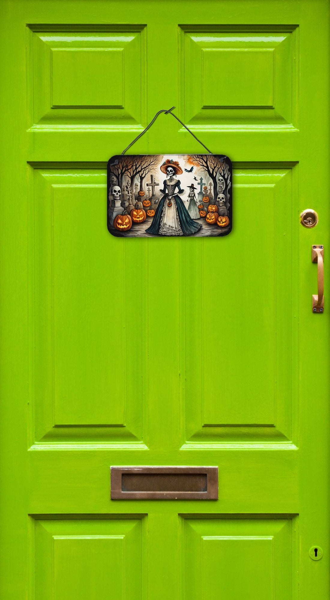 NEW La Catrina Skeleton Spooky Halloween Wall or Door Hanging Prints Aluminum Metal Sign Kitchen Wall Bar Bathroom Plaque Home Decor, 8HX12W, Multicolor