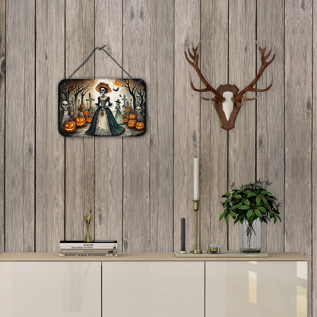 NEW La Catrina Skeleton Spooky Halloween Wall or Door Hanging Prints Aluminum Metal Sign Kitchen Wall Bar Bathroom Plaque Home Decor, 8HX12W, Multicolor