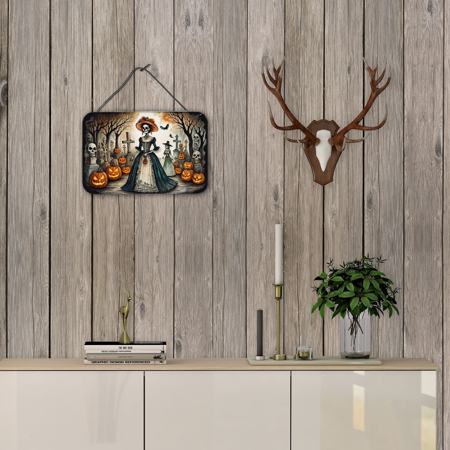 NEW La Catrina Skeleton Spooky Halloween Wall or Door Hanging Prints Aluminum Metal Sign Kitchen Wall Bar Bathroom Plaque Home Decor, 8HX12W, Multicolor