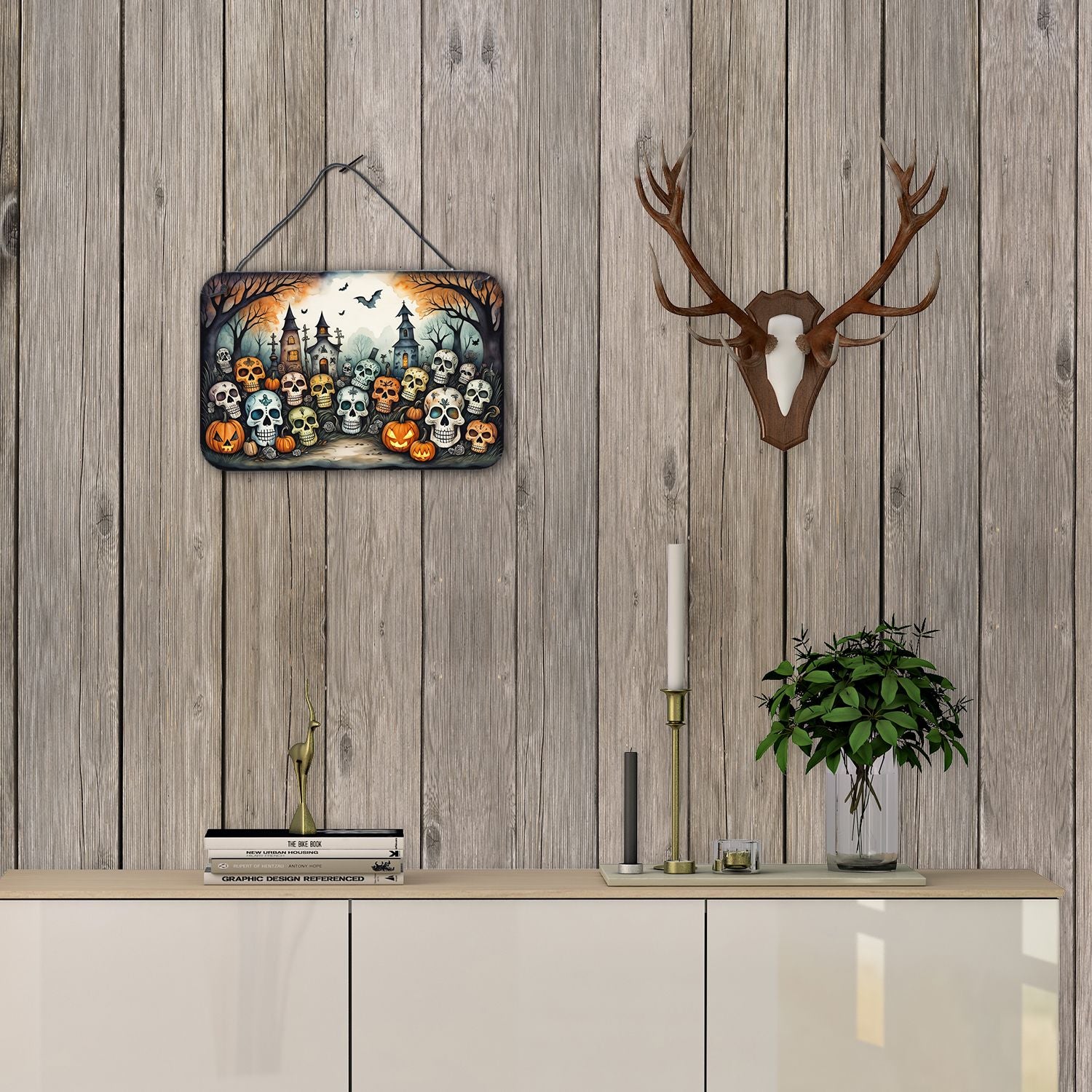 NEW Calaveras Sugar Skulls Spooky Halloween Wall or Door Hanging Prints Aluminum Metal Sign Kitchen Wall Bar Bathroom Plaque Home Decor, 8HX12W, Multicolor