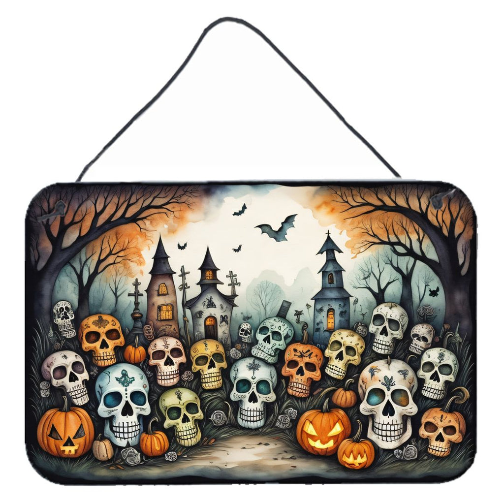 NEW Calaveras Sugar Skulls Spooky Halloween Wall or Door Hanging Prints Aluminum Metal Sign Kitchen Wall Bar Bathroom Plaque Home Decor, 8HX12W, Multicolor
