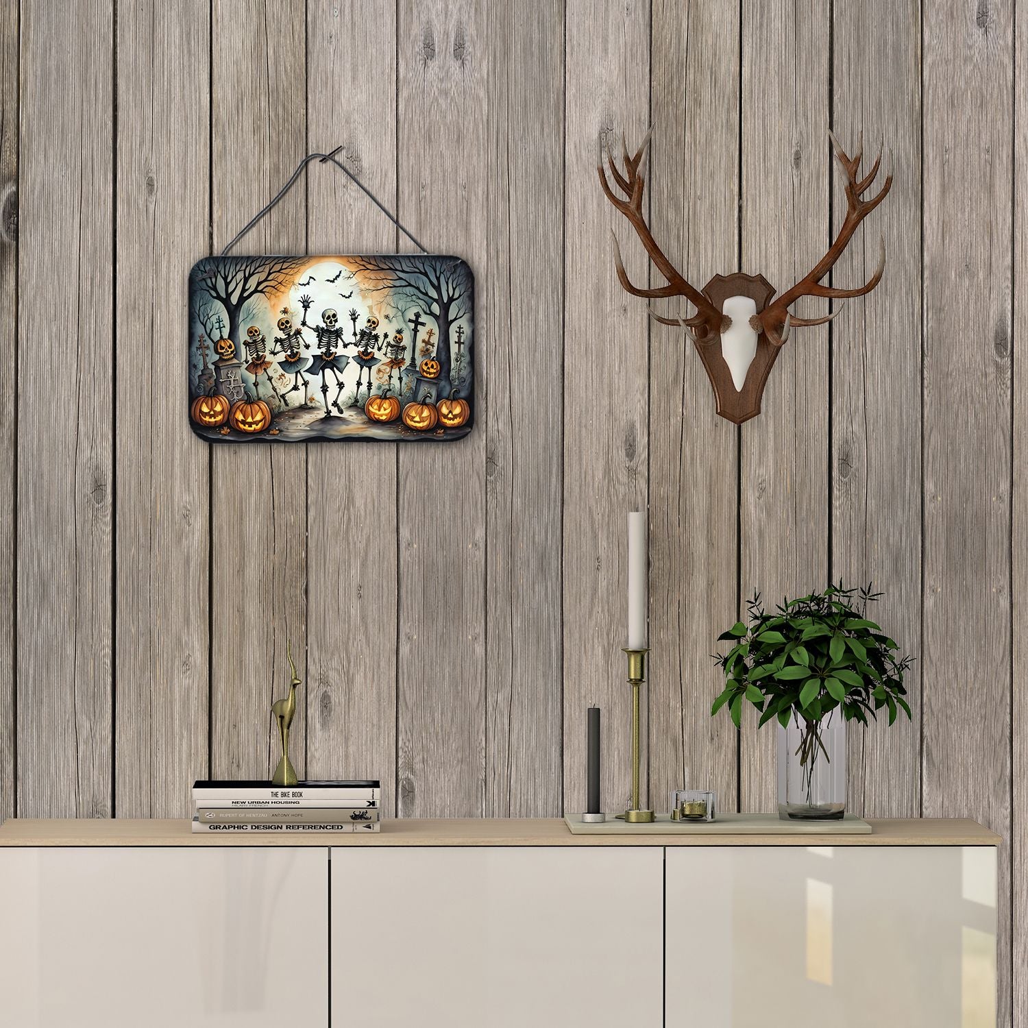 NEW Dancing Skeletons Spooky Halloween Wall or Door Hanging Prints Aluminum Metal Sign Kitchen Wall Bar Bathroom Plaque Home Decor, 8HX12W, Multicolor