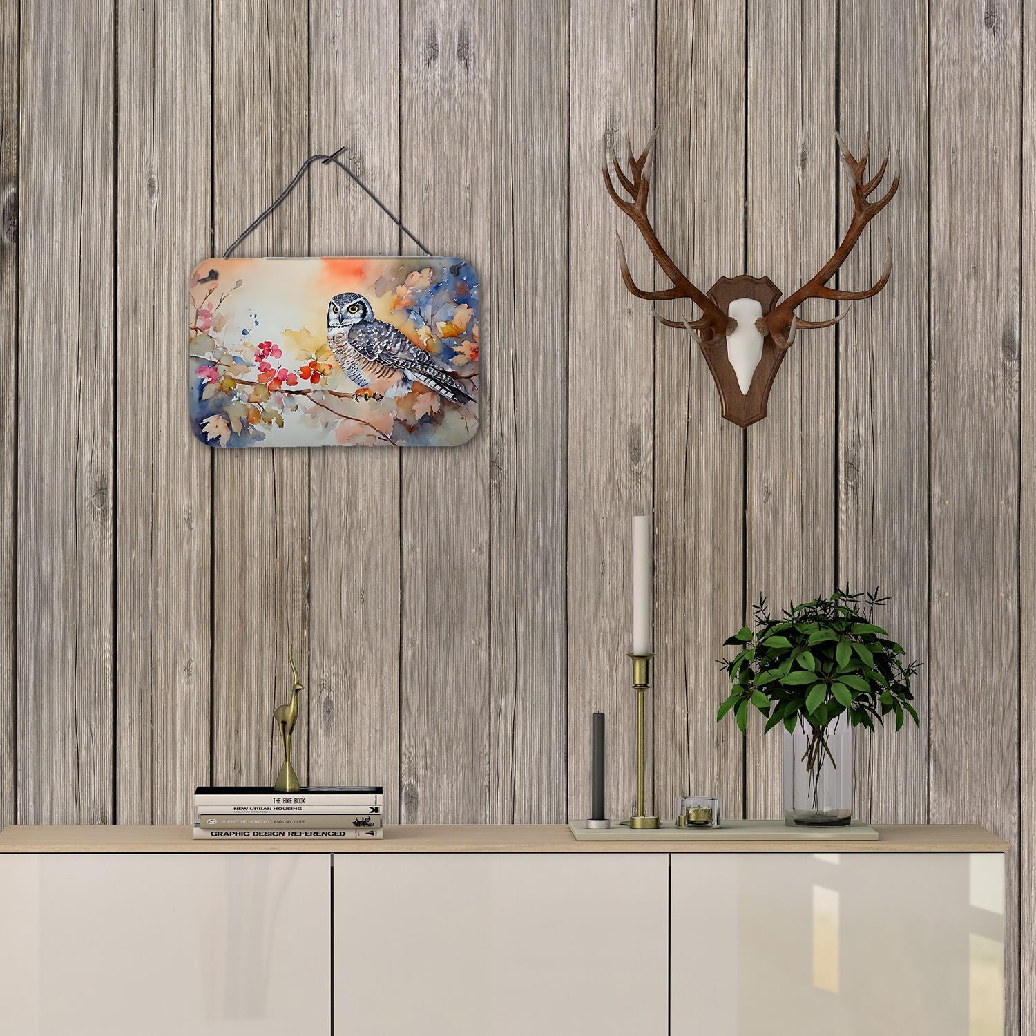 NEW Northern Hawk Owl Wall or Door Hanging Prints Aluminum Metal Sign Kitchen Wall Bar Bathroom Plaque Home Decor, 8HX12W, Multicolor